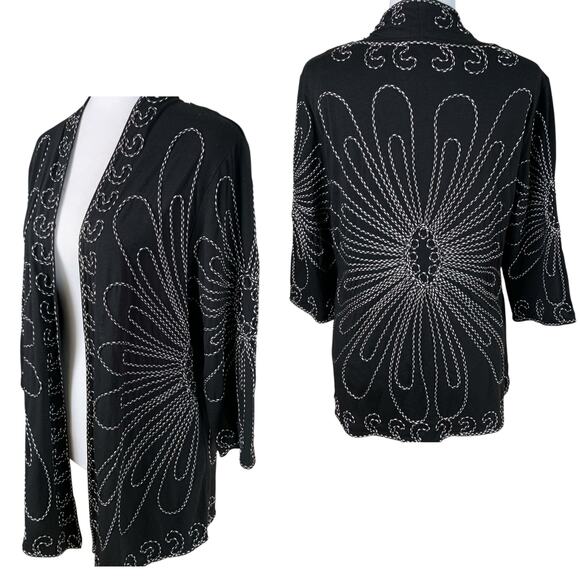 NEW Lauren Michelle Size L Embroidered Cardigan Black White Open Front - Picture 1 of 12